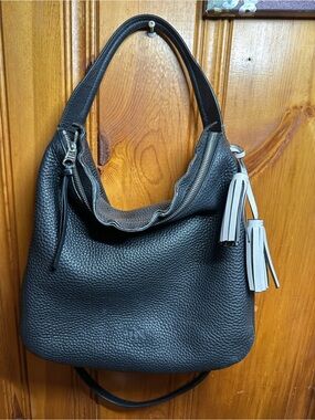 Coach Black Pebbled Leather Hobo with Gray Tassels